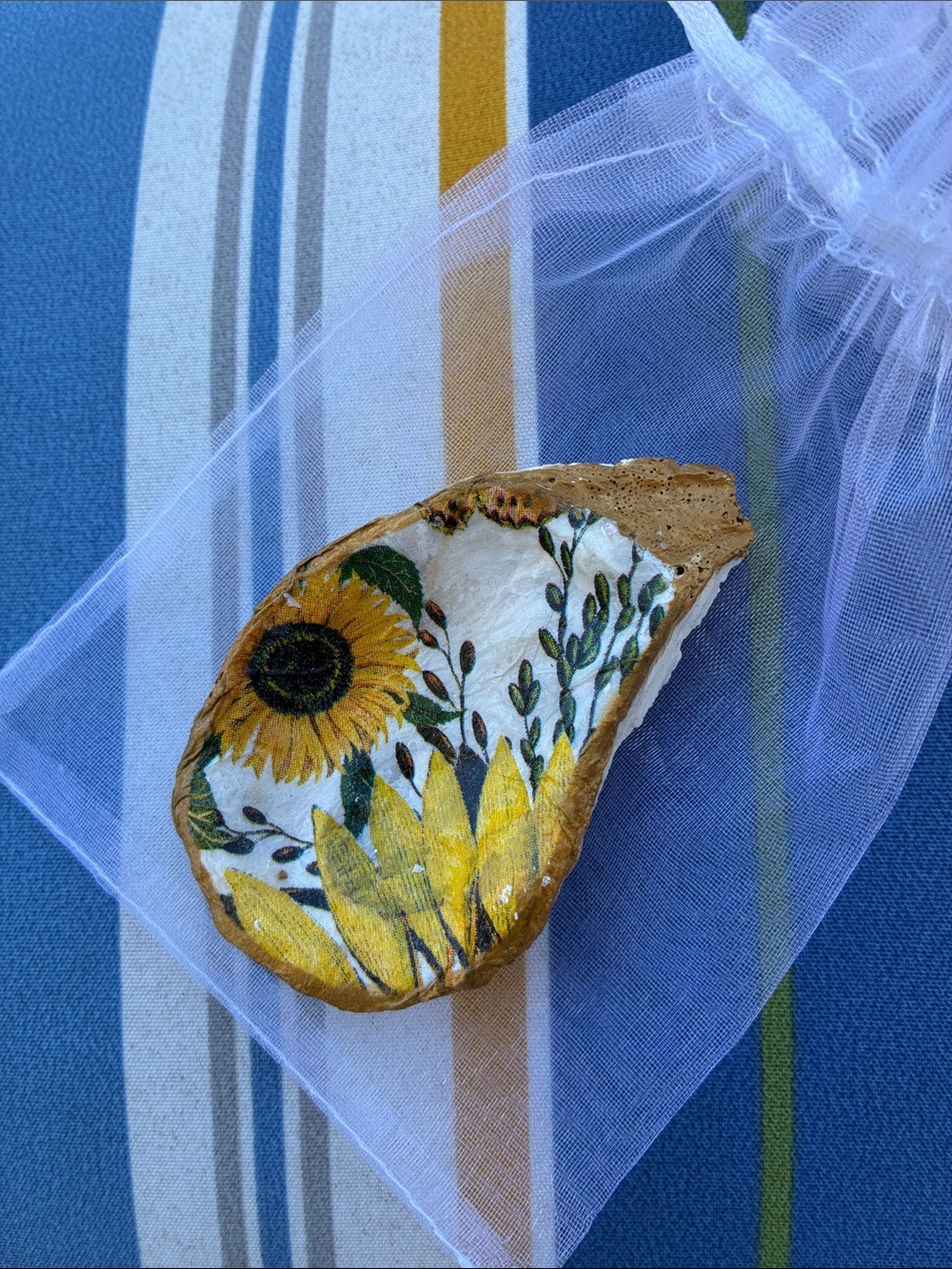Mix of decoupage and hand painted Sunflower Oyster Shell Decor